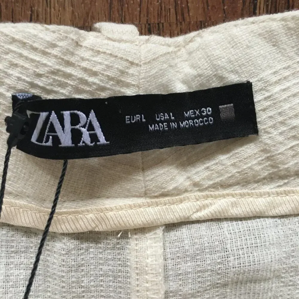 NWT ZARA Wide Leg Textured Stripe Lightweight Pants in Ecru SZ L